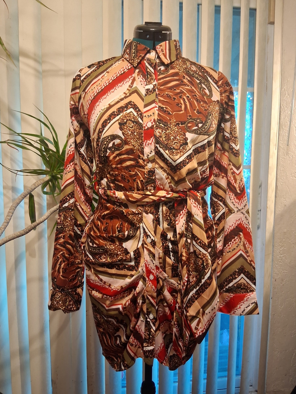 Live 4 Truth Long Sleeve Belted Shirt Dress in Brown, Red, Cream